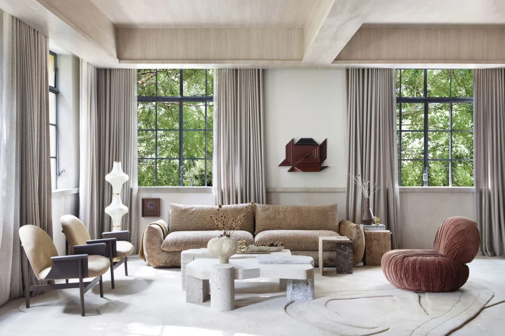 Suíte Casa Magma Portinari na CASACOR São Paulo 2026, com texturas naturais, madeira, pedra, cortinas e luz natural